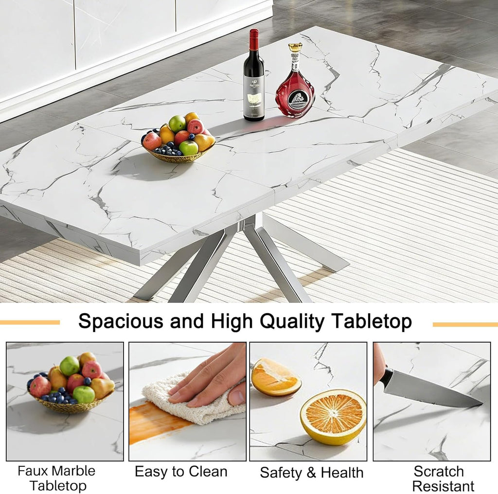 Marble Dining Table for 4 6, 70.8 Inch Rectangular Dining Room Kitchen Tables with Silver Stainless Steel Legs, Modern Luxury Dinner Tables for Kitchen, Living Room, Easy Assembly