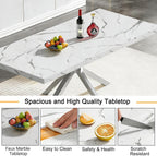 Marble Dining Table for 4 6, 70.8 Inch Rectangular Dining Room Kitchen Tables with Silver Stainless Steel Legs, Modern Luxury Dinner Tables for Kitchen, Living Room, Easy Assembly
