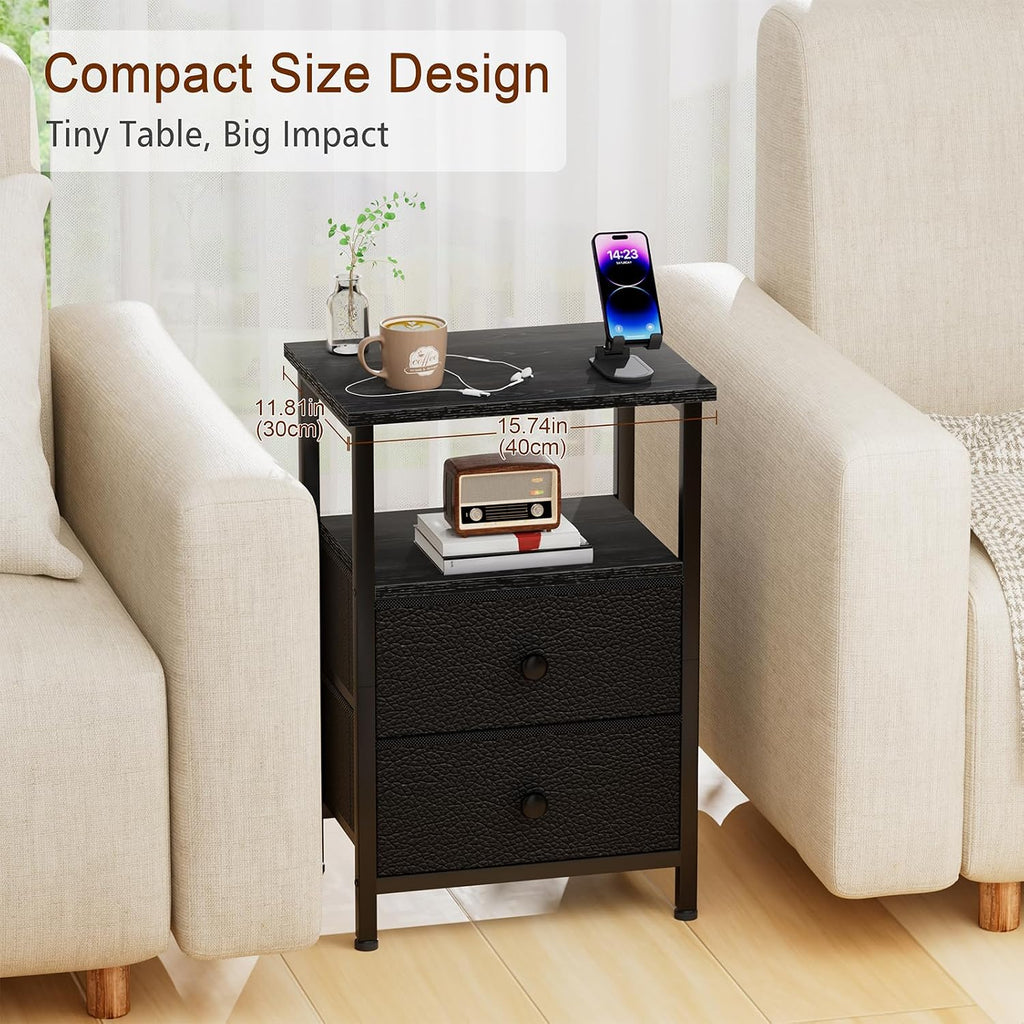 LOAKEKEL Night Stand, Black Nightstands with 2 Fabric Drawers for Bedroom | Small Bedside Table, End Tables Living Room, Bed Side Table with Open Storage Shelf