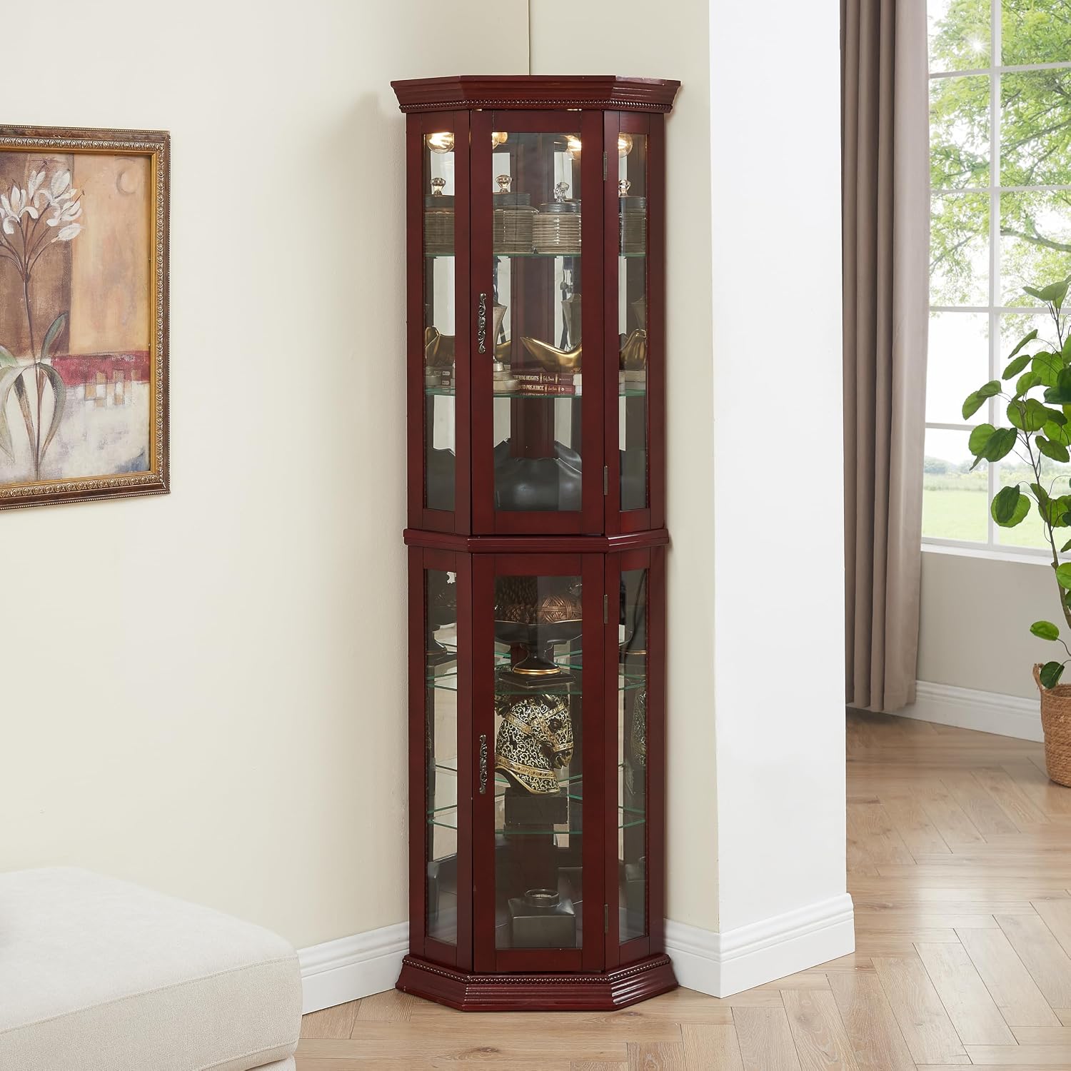 Lighted Corner Curio Cabinet, 69.75" Tall Corner Display Cabinet with Adjustable Tempered Glass Shelves, Mirrored Back, Lockable Door, Cherry Finish for Collectibles & China