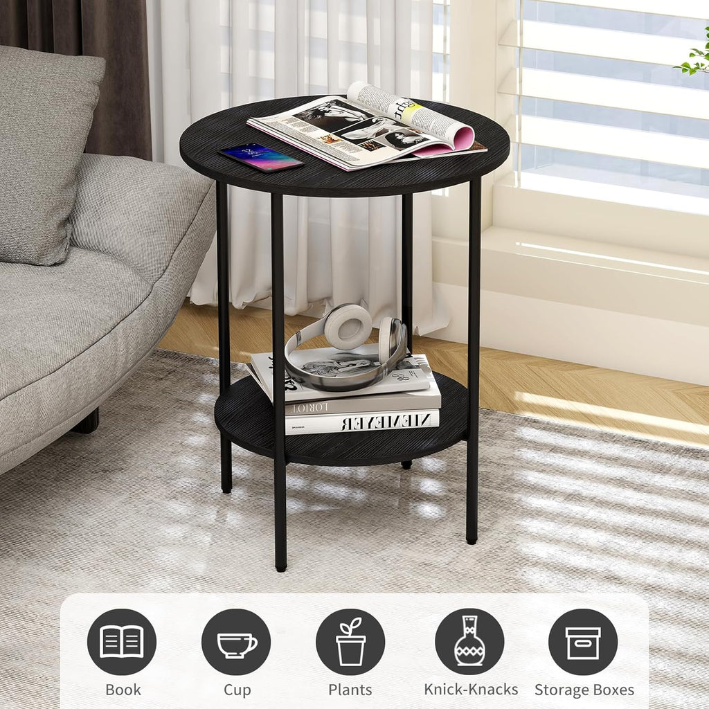 Side Table,Round End Table with 2 Storage Shelves| Compact Side Tables for Living Room, Couch, Office & Bedroom | Narrow Accent Table as Space-Saving Small Bedside Table 18x18x22in(Black)