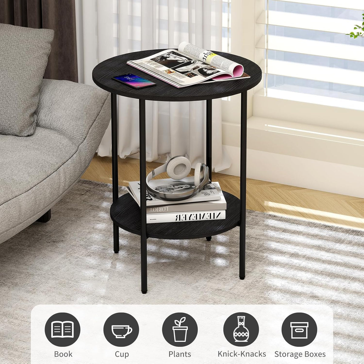 Side Table,Round End Table with 2 Storage Shelves| Compact Side Tables for Living Room, Couch, Office & Bedroom | Narrow Accent Table as Space-Saving Small Bedside Table 18x18x22in(Black)
