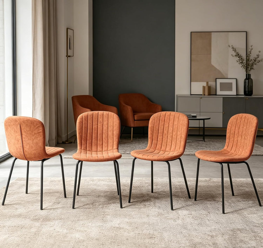 Set of 4 Dining Kitchen Mid-Century Modern Chairs with Metal Legs and PU Leather Cushion for Dining Room, Living Room, Brown