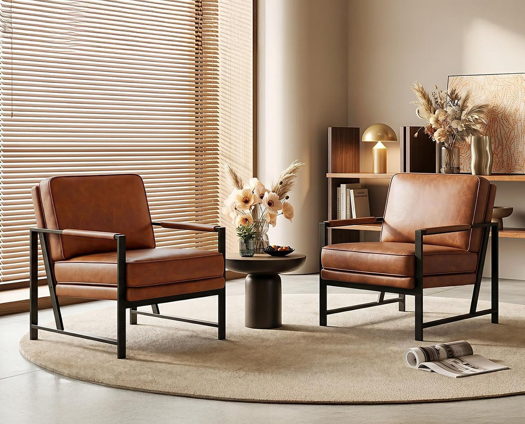 Yaheetech Mid-Century Modern Accent Chairs Set of 2, Light Brown | Oversized Faux Leather Chair with Soft Cushion, Ergonomic 105° Back, Reading Chair for Living Room, Bedroom and Waiting Room