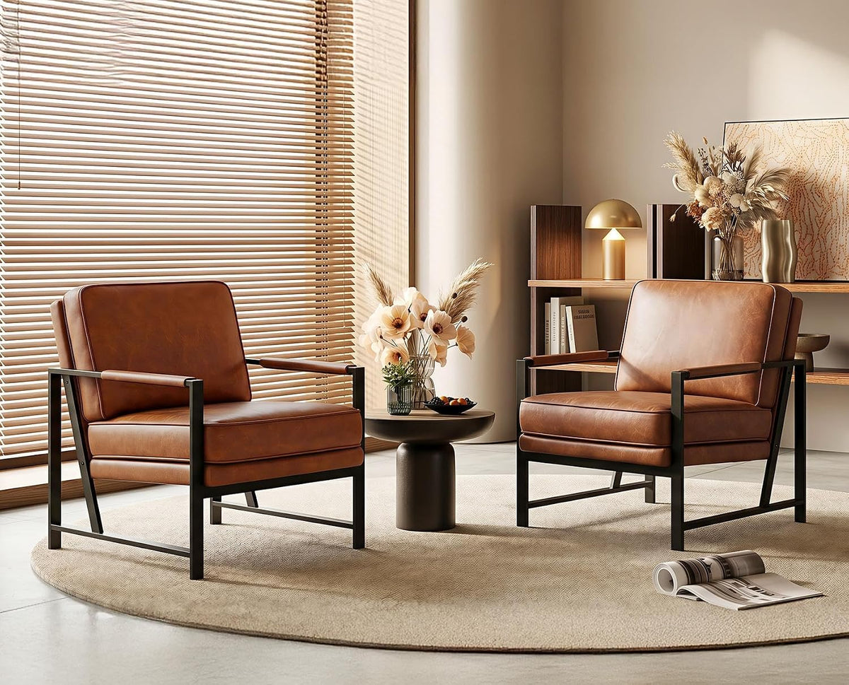 Yaheetech Mid-Century Modern Accent Chairs Set of 2, Light Brown | Oversized Faux Leather Chair with Soft Cushion, Ergonomic 105° Back, Reading Chair for Living Room, Bedroom and Waiting Room