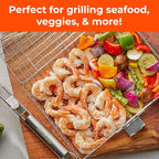 Stainless Steel Large Grill Basket with Removable Handle, Easy Open/Close Lid, Included Silicone Basting Brush & Steel-fiber Scrub Sponge - Perfect for Outdoor Cooking, BBQ, and Camping (12.25 x 9.5 x 1.5 Inches)