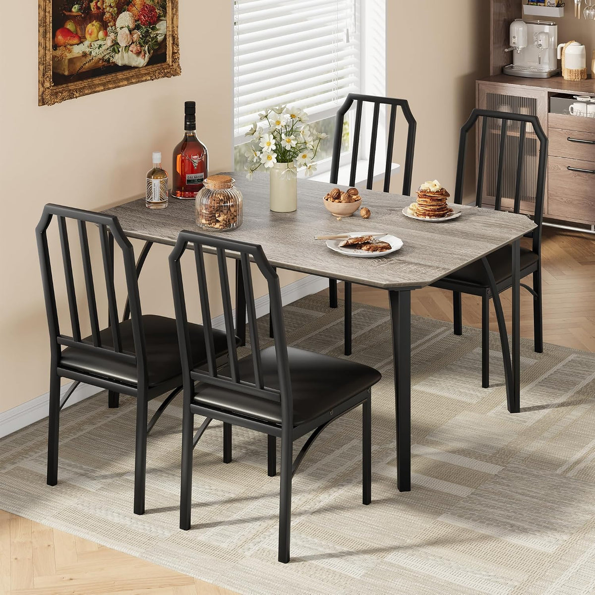 GAOMON 5-Piece Dining Table Set for 4, Modern Kitchen Table with Chamfered Design and Upholstered Chairs, Leather-Cushioned Seats for Small Spaces and Apartments, Space-Saving (Gray/Black,5 Pack)