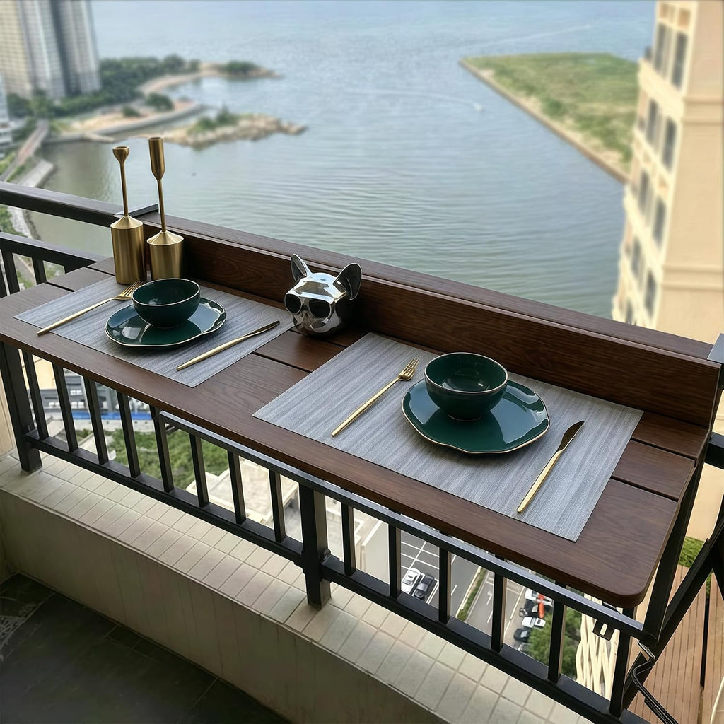 Balcony Railing Table, Folding Deck Table, Adjustable Height Hanging Desk, Easy to Disassemble (Brown, 47" L x 15" W, Wooden)
