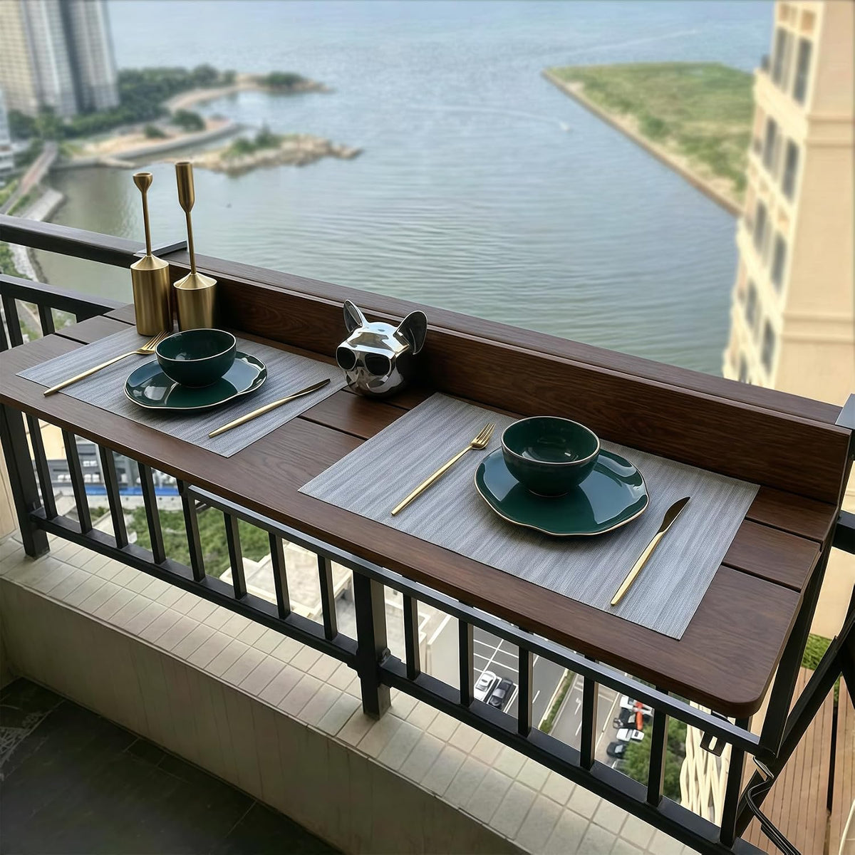 Balcony Railing Table, Folding Deck Table, Adjustable Height Hanging Desk, Easy to Disassemble (Brown, 47" L x 15" W, Wooden)