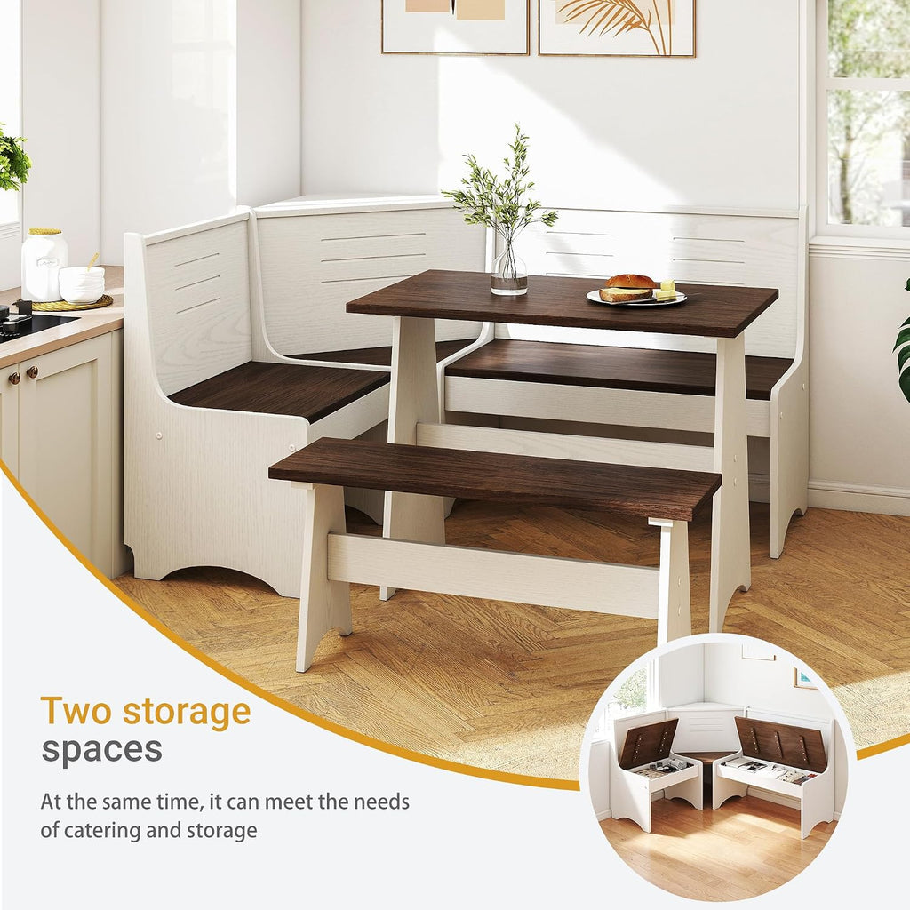 Breakfast Nook Set 3-4 Seat L-Shaped with Hidden Storage - Space Saving Corner Kitchen Dining Table & Bench Set - Farmhouse Family Home White Brown Wood