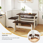 Breakfast Nook Set 3-4 Seat L-Shaped with Hidden Storage - Space Saving Corner Kitchen Dining Table & Bench Set - Farmhouse Family Home White Brown Wood