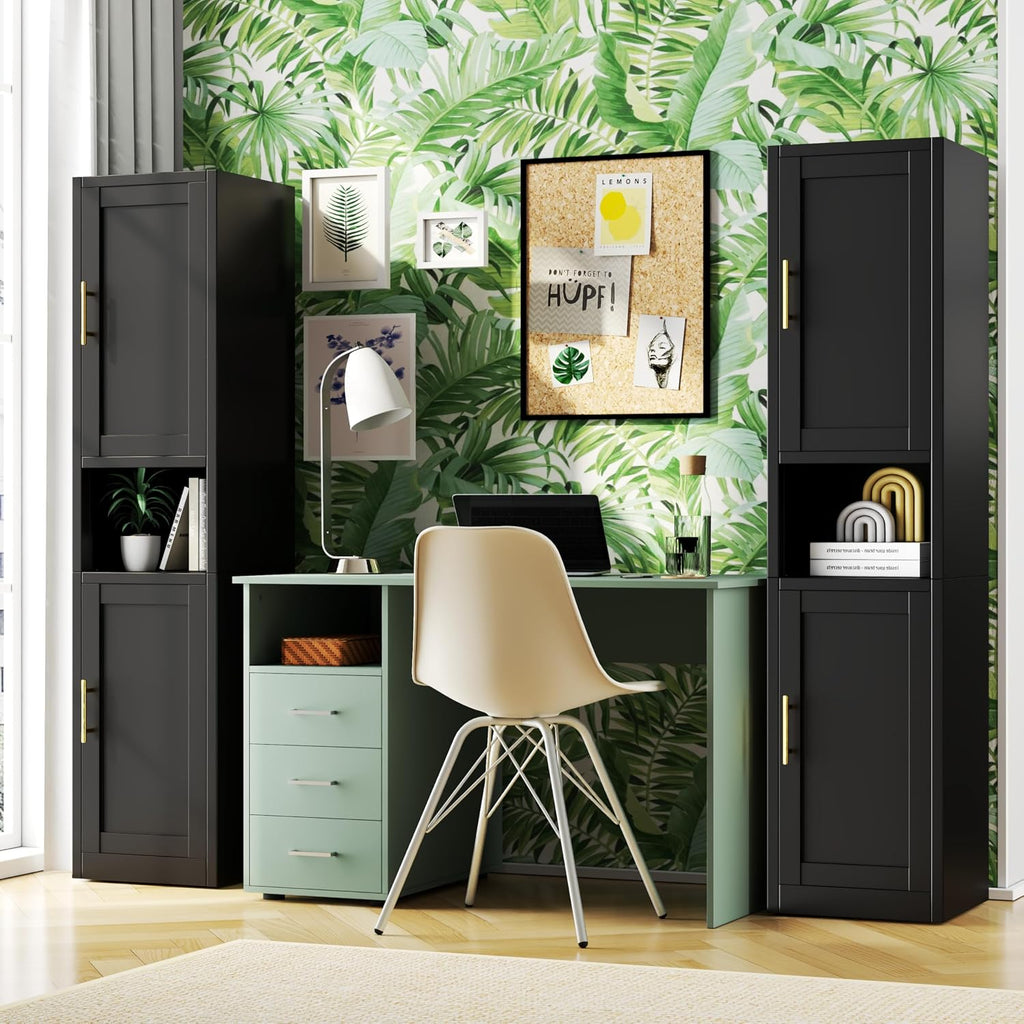 Tokawa 67” Tall Slim Storage Cabinet, 12 Inch Deep x 16 Inch Wide Metal Pantry with Open Middle Shelf, Narrow Kitchen Utility Cabinet with Gold Handles, Black