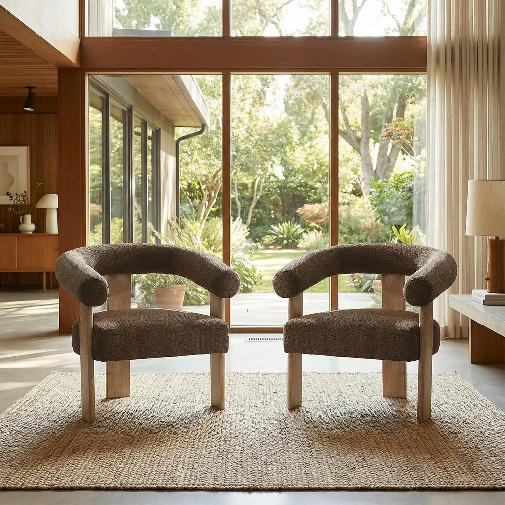 VKNOW Accent Chair Living Room Chairs Set of 2, Modern Upholstered Arm Chair with Solid Wood Legs, Comfy Barrel Accent Chairs for Living Room, Bedroom, Brown