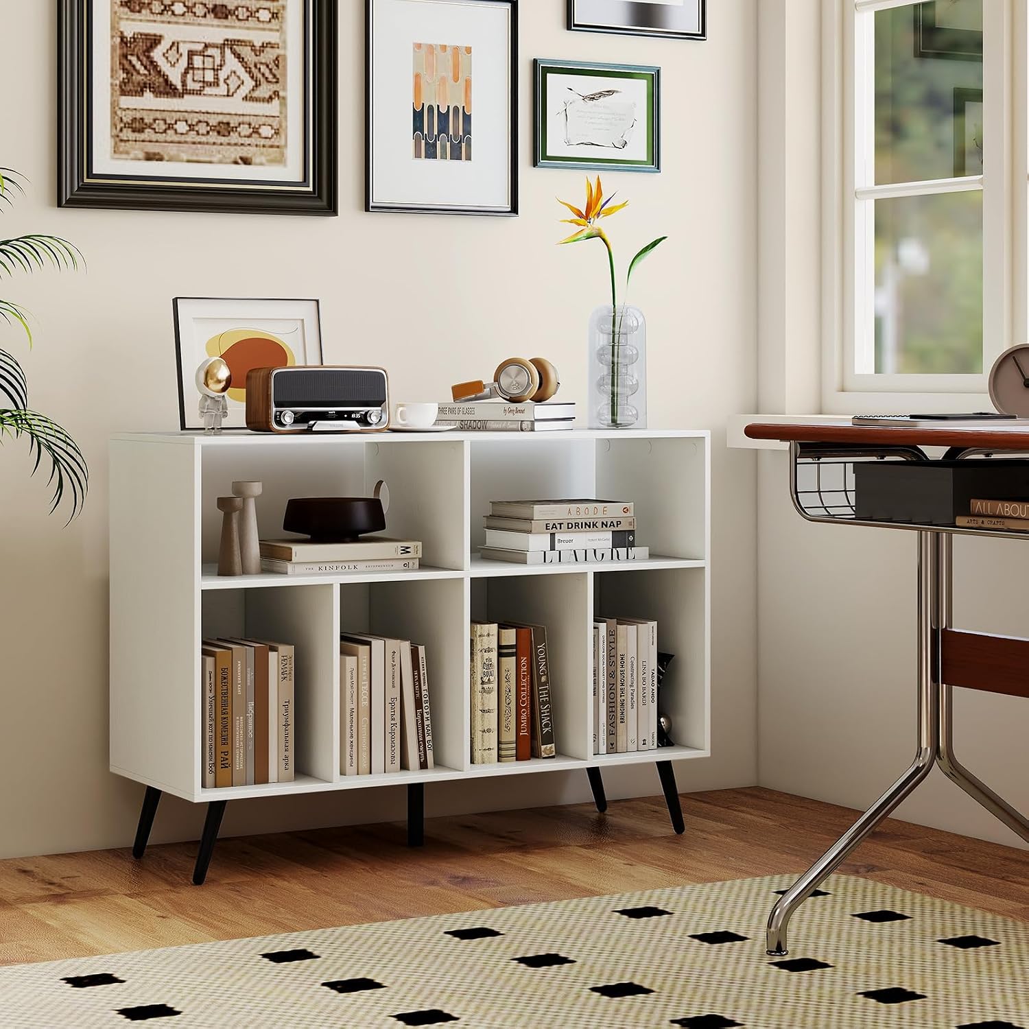 LOKO Large Record Player Stand, Vinyl Record Holder with Built-in Power Outlet, Open Shelves & Compartments, Turntable Display Stand for Living Room, Bedroom, Office (White)