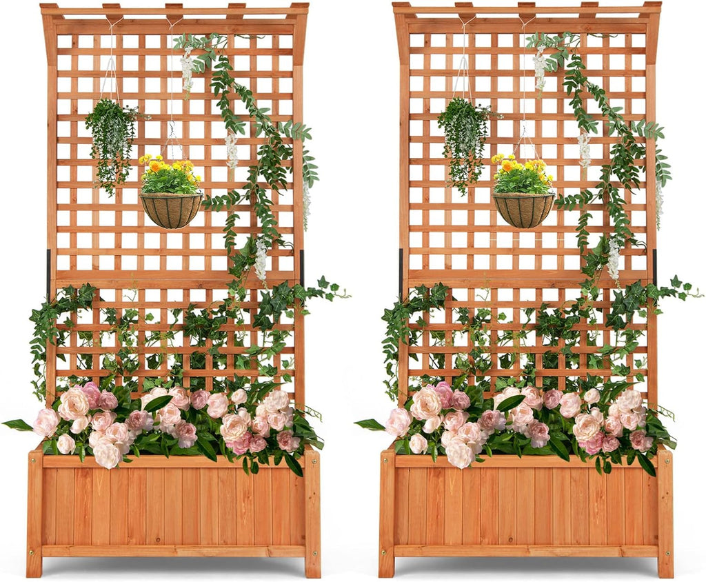 S AFSTAR Planter with Trellis Set of 2, 35.5x17.5x72.5 inch Wood Planter Box with Lattice Trellis & Hanging Roof, Removable Base, Plant Box for Climbing Plant Flower Rose Grape Cucumber