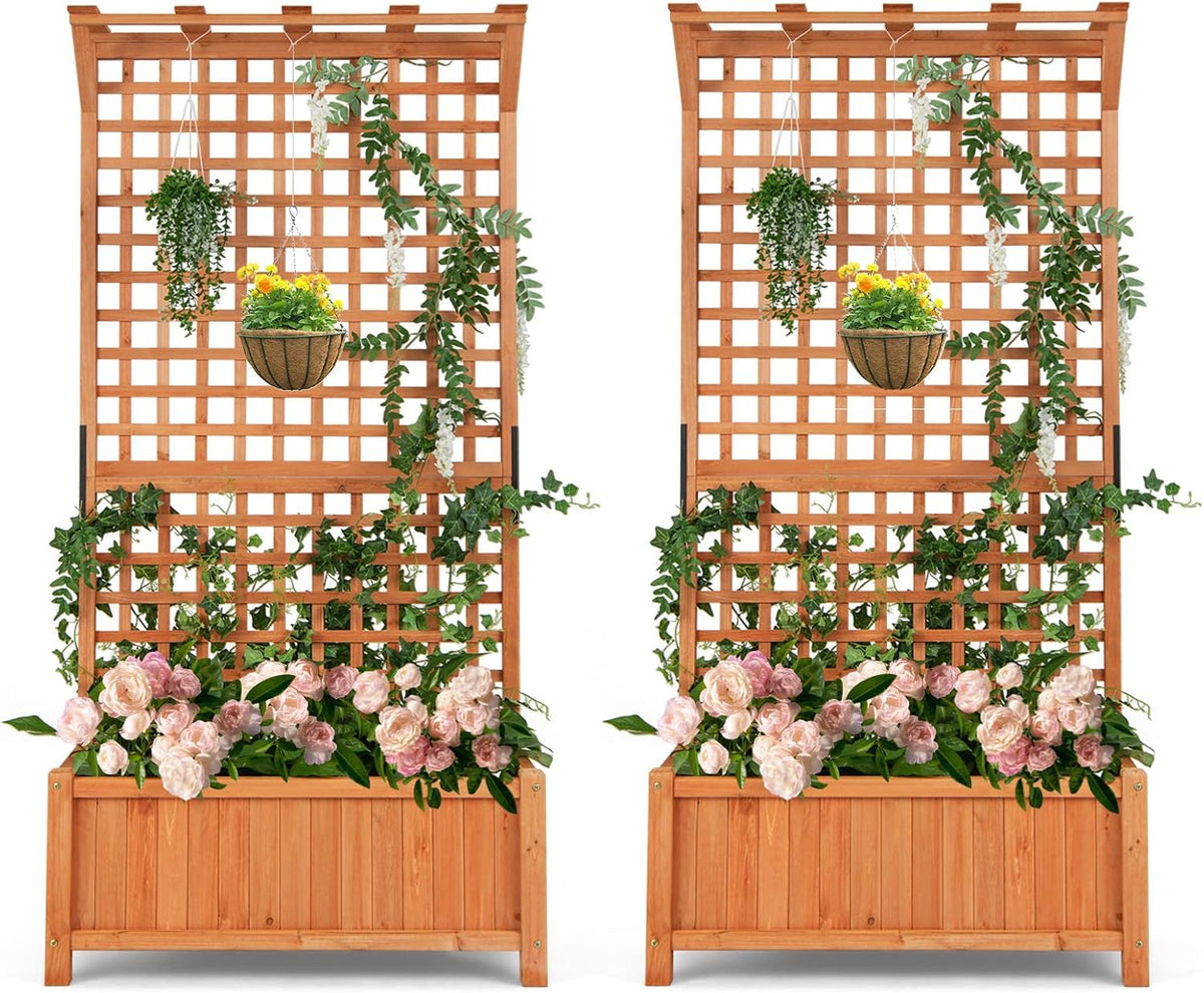 S AFSTAR Planter with Trellis Set of 2, 35.5x17.5x72.5 inch Wood Planter Box with Lattice Trellis & Hanging Roof, Removable Base, Plant Box for Climbing Plant Flower Rose Grape Cucumber