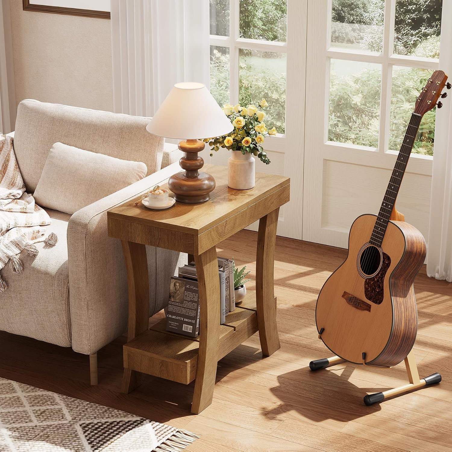 LITTLE TREE Narrow Side Table with Storage Shelf, 2-Tier Rectangular End Table with Wood Legs, Small Night Stand for Bedroom, Living Room, Small Spaces, 11.81" D x 23.62" W x 23.62" H