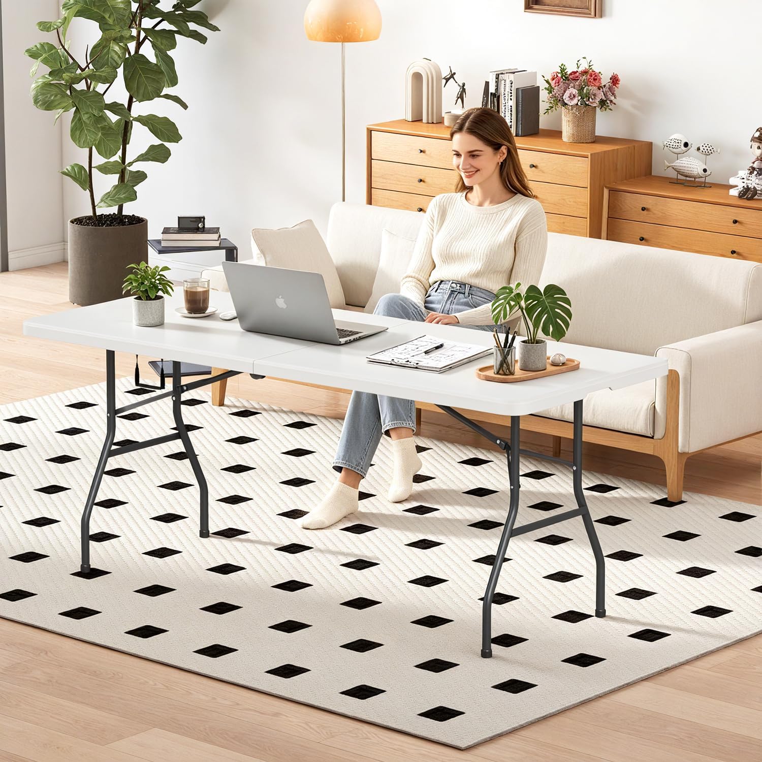 FDW | 6FT Folding Table | White | Portable Plastic Table | with Carry Handle | Waterproof & Foldable Table Design | Steel Frame with Lock | for Events, Camping, Indoor & Outdoor Use