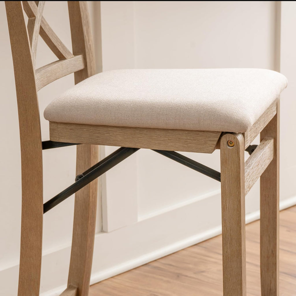 Linon Triena X Back Neutral Greywash Wooden Fully Assembled Folding 24 Inch Seat Height Counter Stool with Beige Upholstered Seat