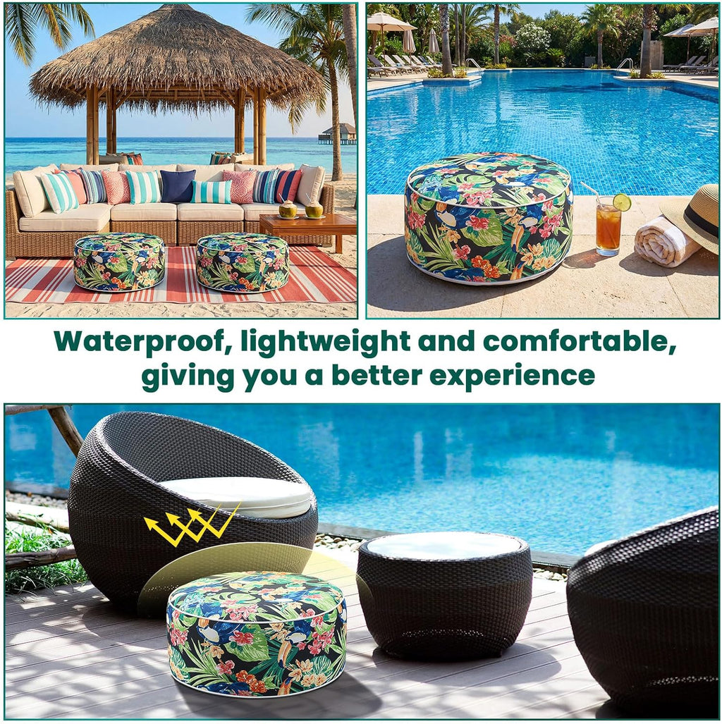 Cinnvoice 2 Pcs Inflatable Outdoor Ottoman Pouf Waterproof Round Footrest with Handle D21 x H9 Inch Indoor Outdoor Portable Footstool for Patio Garden Camping or Home Pool(Parrot)