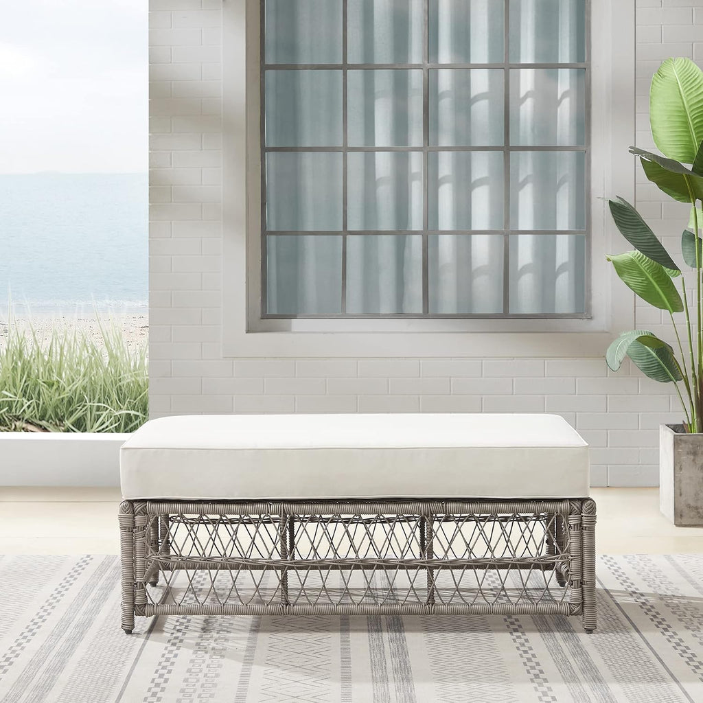Crosley Furniture Thatcher Wicker Coffee Table and Ottoman Foot Rest for Porch, Deck, Backyard, Driftwood with Creme Cushions