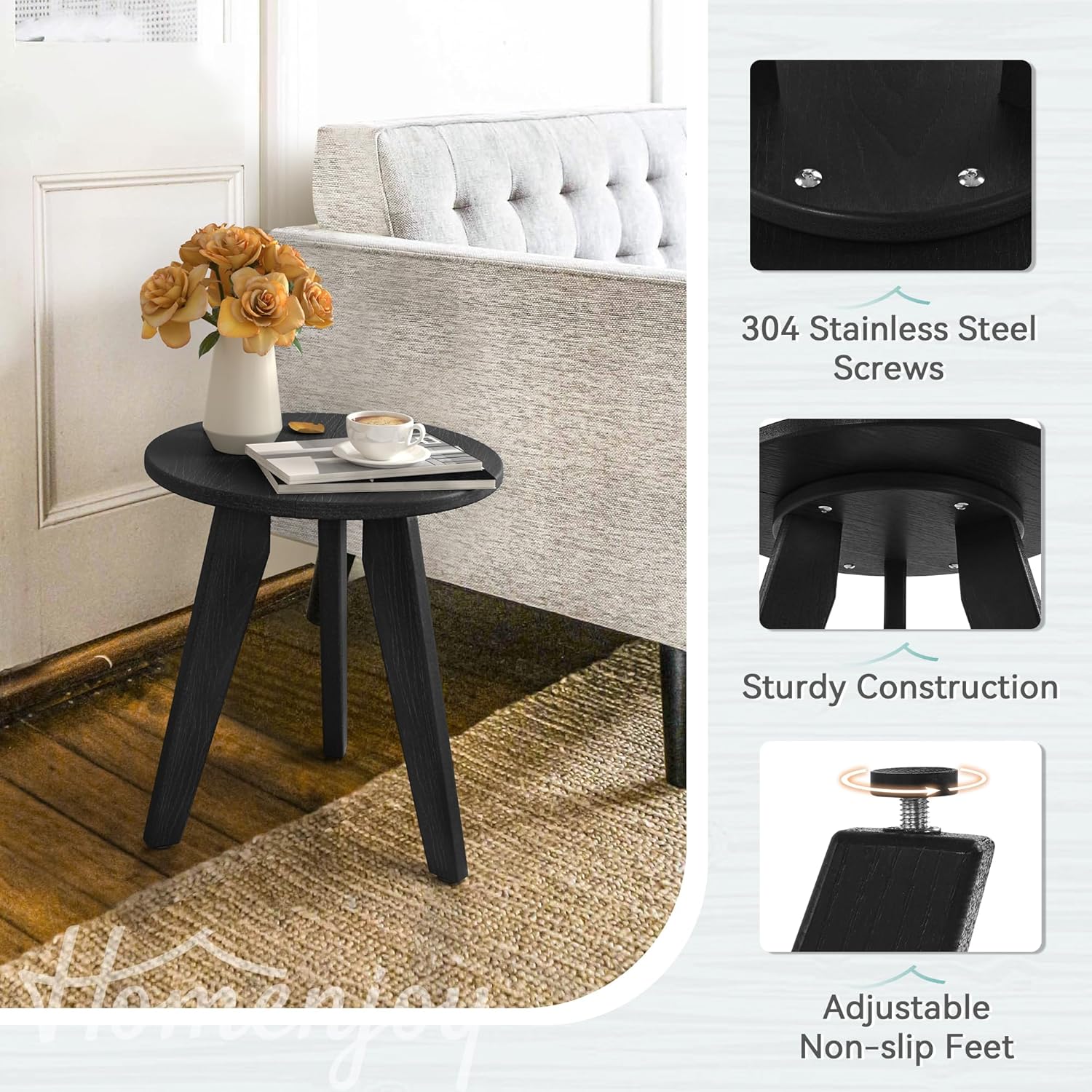 HDPS Outdoor Side Table, Small Round End Table for Outdoor, Black | Outdoor Round Accent Table For Patio,Porch,Garden,Companion to your Chairs, Weather-Resistant, Easy Clean, Quick Assembly