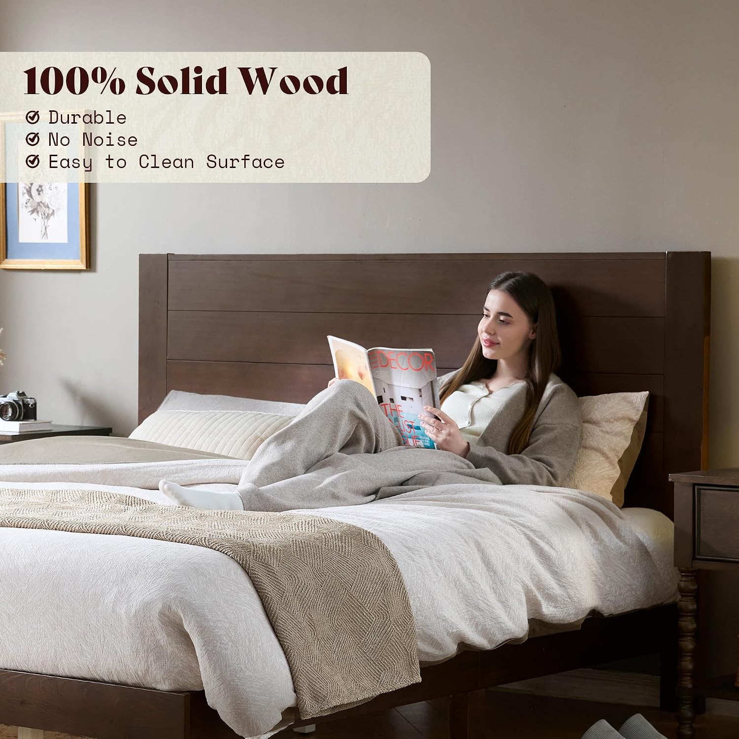 AMERLIFE Queen Size Solid Wood Bed Frame with 48" Headboard Design, Walnut
