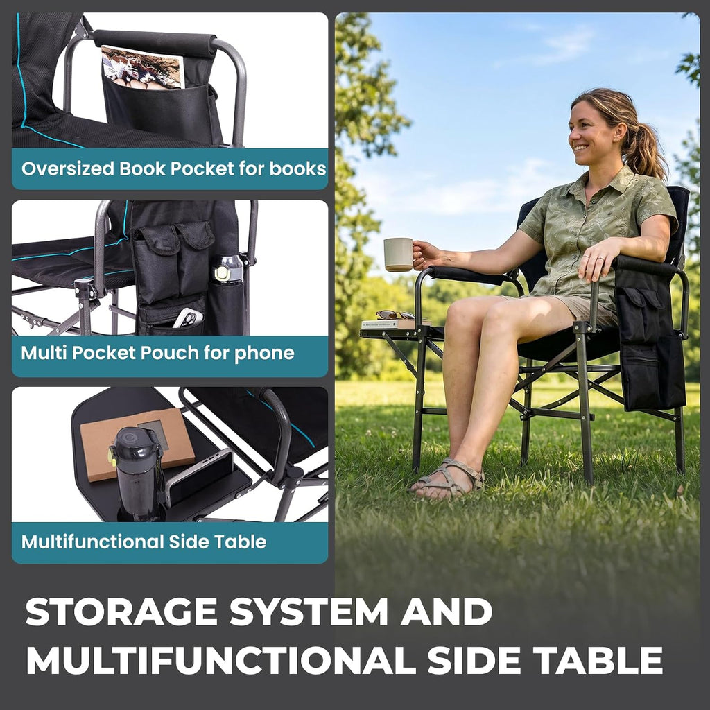 FUNDANGO Oversized Folding Chairs for Outside, Fully Padded Camping Director Chair for Adults, Support 450lbs Portable lawn chairs with Side Table, Side Pockets for outdoor Camp, Picnic, Lawn, Concert