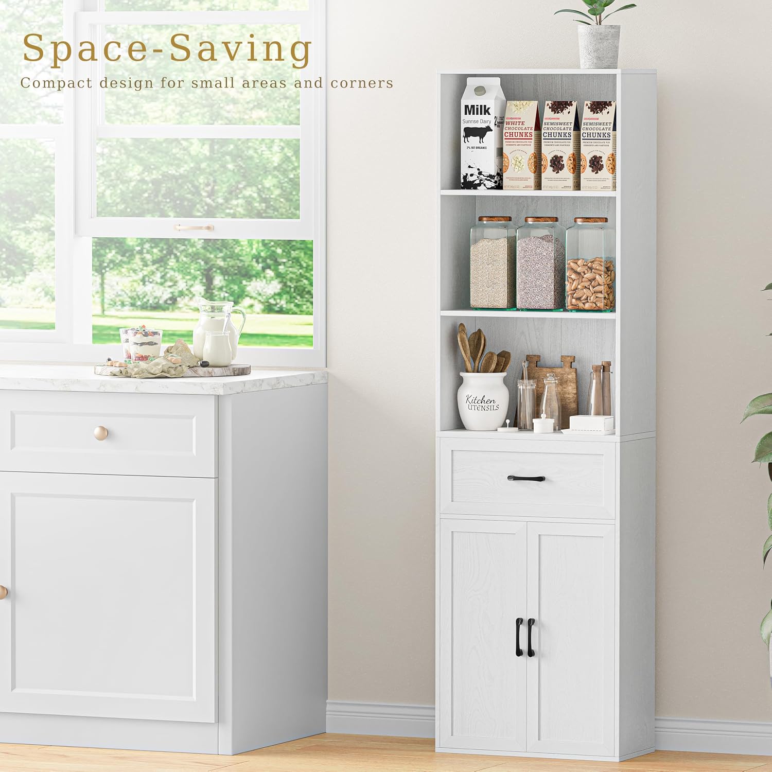 67" Tall Kitchen Pantry Storage Cabinet, Modern Freestanding Food Storage Unit with Doors, 4 Tier Open Shelves, Cupboard for Small Kitchen, Mudroom or Hallway (White, with Drawer)