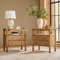 HULALA HOME 26" End Tables Set of 2 with Charging Station, Transitional 2 Drawer Wood Endtables with Pull-Out Shelf and Open Storage Space, Large Side Tables with Solid Wood Spindle Legs, Oak