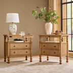 HULALA HOME 26" End Tables Set of 2 with Charging Station, Transitional 2 Drawer Wood Endtables with Pull-Out Shelf and Open Storage Space, Large Side Tables with Solid Wood Spindle Legs, Oak