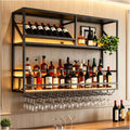 Metal Wall Mounted Liquor Shelf with LED, 31.5in Black (31.5in/80cm) | Floating shelf w/wine glass rack, 45° adjustable step display rack (L-R), for Kitchen/Bar/Cafe/Shop