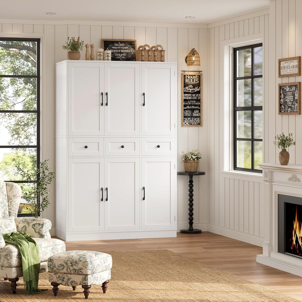HITHOS 71" Tall Kitchen Pantry Storage Cabinet w/Drawers & Shelves, White | 47"W Kitchen Pantry Cabinet with Swing Out Doors, Large Wood Storage Cabinet, Modern Deep Food Pantry, Living Room