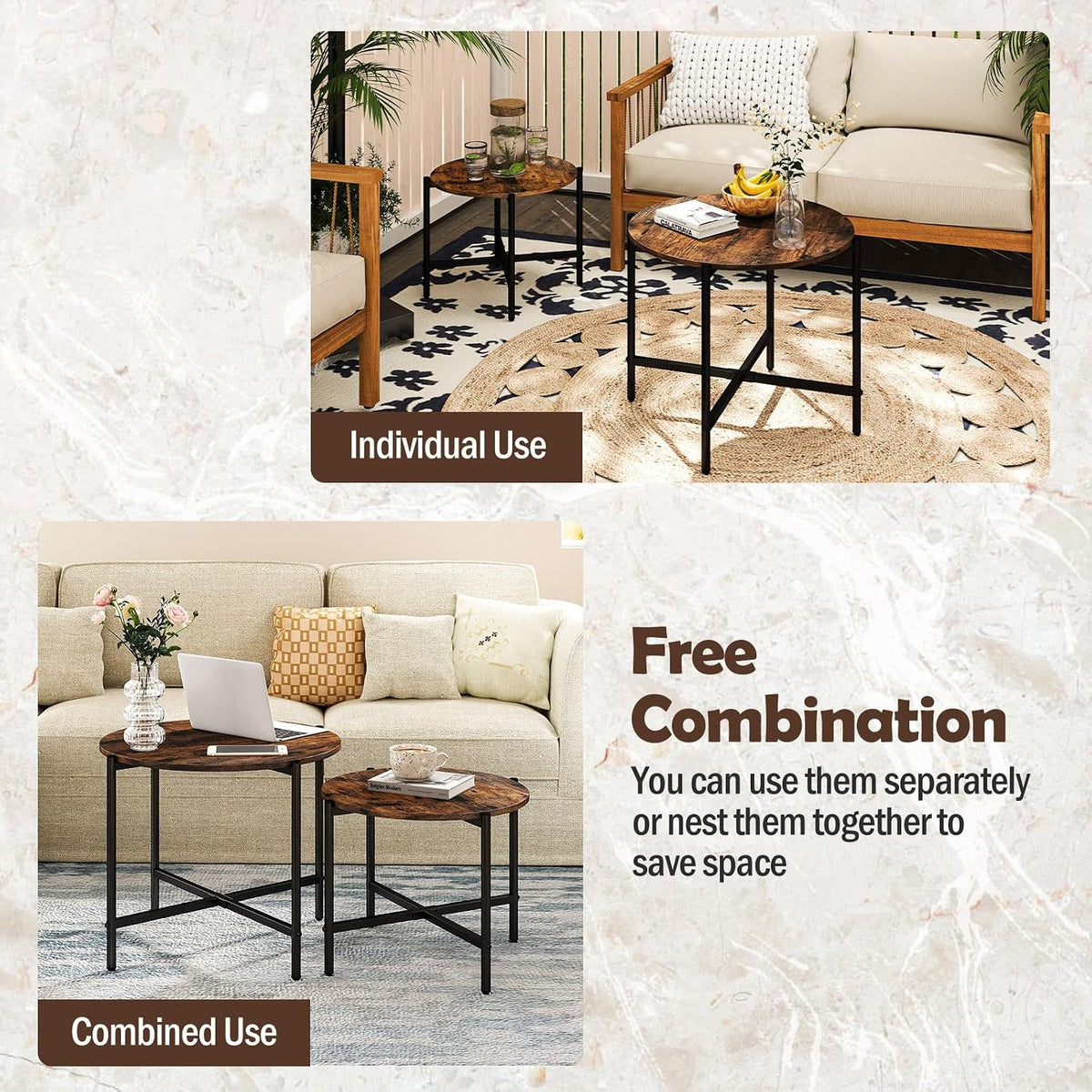 GOFLAME Nesting Coffee Table Set of 2, Round Coffee Tables with Wood Tabletop & Heavy-Duty Metal Frame, Modern Circle End Table & Side Tables, Nesting Tables for Living Room, Bedroom (Rustic Brown)