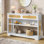 Hoctieon Rattan Console Table with 2 Drawers, 3-Tier Boho Woven Entryway Table with Back Panel and Open Storage Shelf, 40" Wood Narrow Long Sofa Tables for Hallway, Foyer, Living Room, White