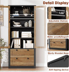 71" Tall Kitchen Pantry Cabinet - Modern Display Storage Cabinet with 2 Large Drawers, Glass Doors, and Adjustable Shelves, Kitchen Cupboard for Dining Room, Bathroom, Living Room, Black + Brown