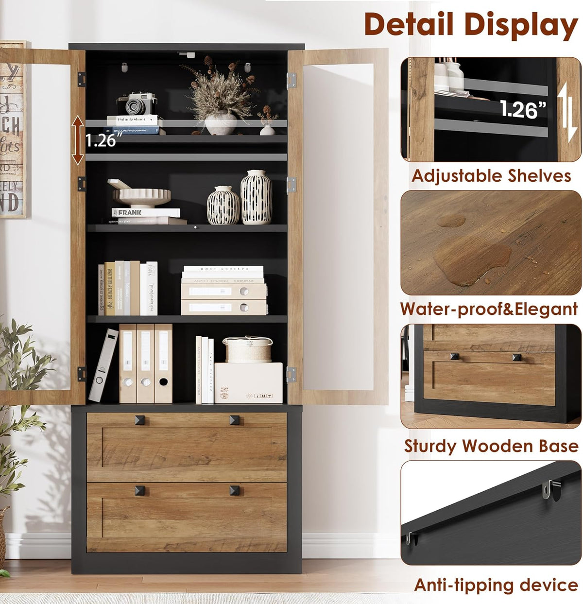 71" Tall Kitchen Pantry Cabinet - Modern Display Storage Cabinet with 2 Large Drawers, Glass Doors, and Adjustable Shelves, Kitchen Cupboard for Dining Room, Bathroom, Living Room, Black + Brown