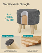 SONGMICS Storage Ottoman, Foot Stool, Round Ottoman with Padded Seat, Foot Rest with Wood Legs, Small Table, for Hallway, Living Room, 12.2 Inches, Linen-Look Fabric, Slate Gray ULOM514GN01