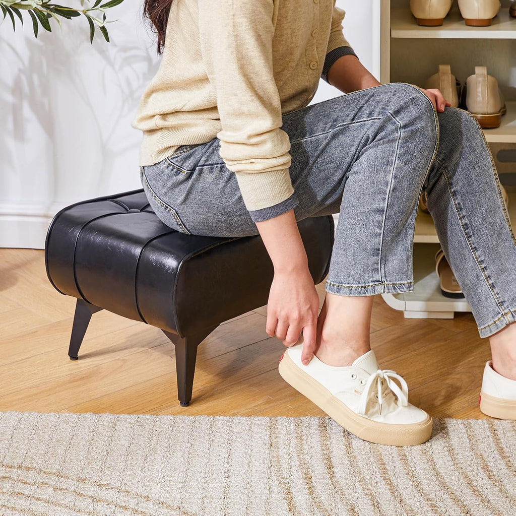 YMYNY Ottoman, Foot Stool with Metal Legs, Faux Leather Stool, Pouf Couch Stool, Modern Multifunctional Small Square Accent Small Table for Bedroom, Living Room 15.75"D×11.81"W×10.24"H Black UHBD037B