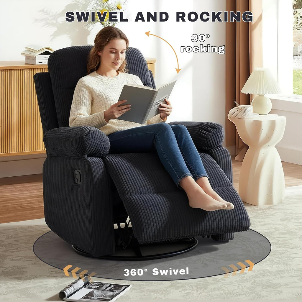 Rocking Recliner Chair,Modern Swivel Glider Recliner Chair,Corduroy Fabric Upholstery Recliner,Manual Reclining Sofa Chair for Living Room,Office,Apartment (Dark Grey)