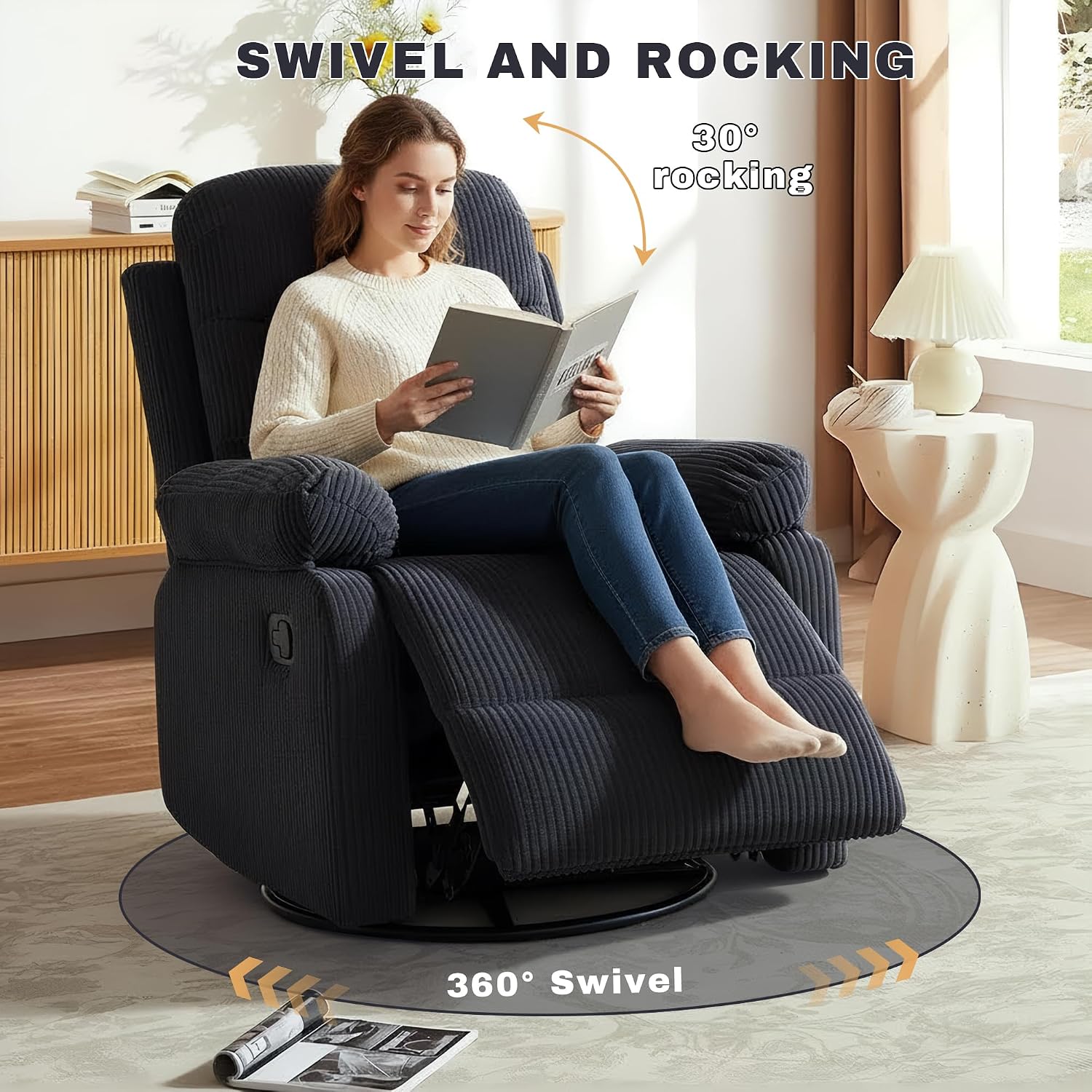 Rocking Recliner Chair,Modern Swivel Glider Recliner Chair,Corduroy Fabric Upholstery Recliner,Manual Reclining Sofa Chair for Living Room,Office,Apartment (Dark Grey)