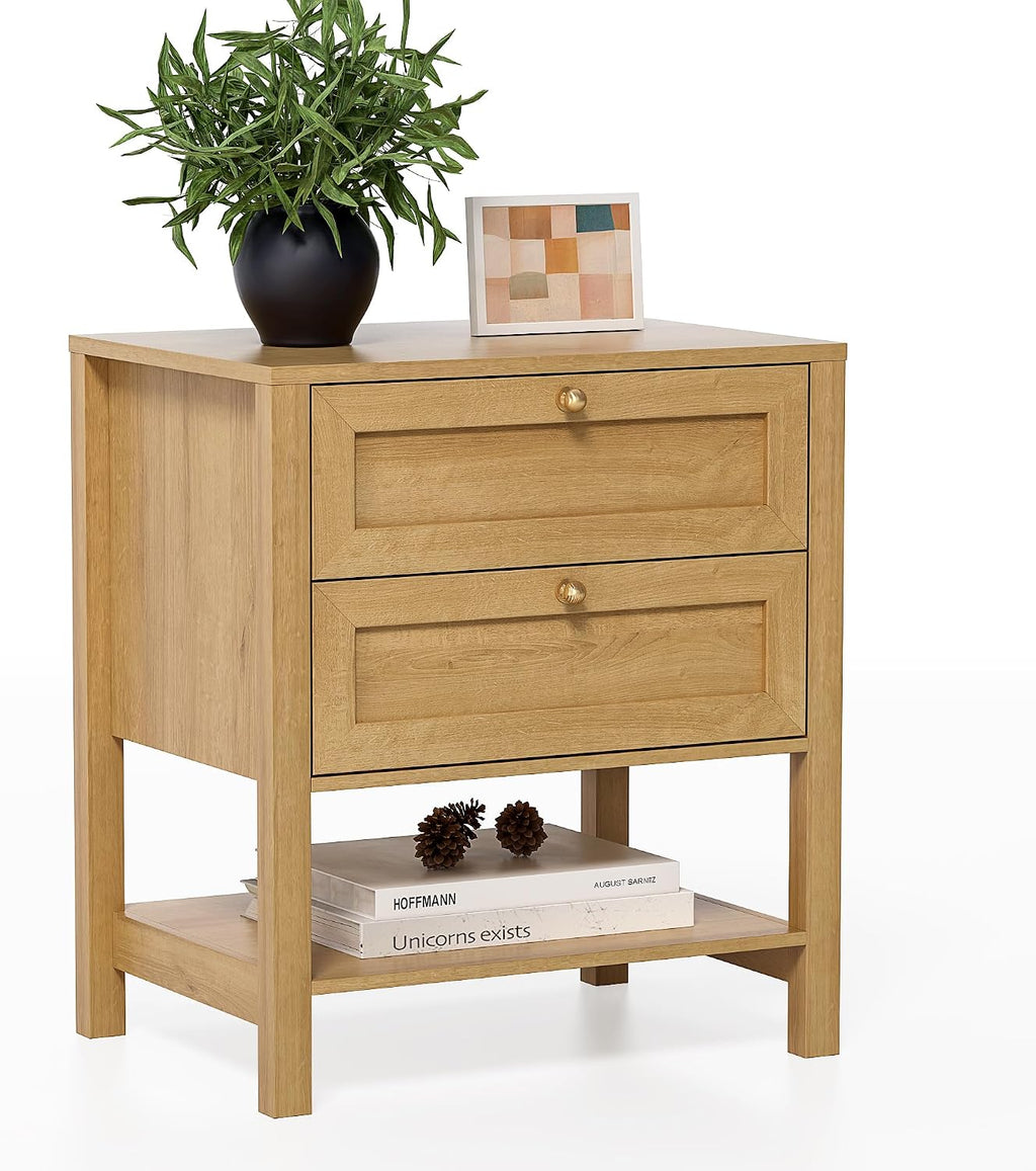 End Table with 2 Drawers, Farmhouse Nightstand with Open Shelf, Modern Bedside Cabinet Side Table Night Stand for Bedroom, Living Room, Natural Oak