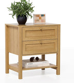 End Table with 2 Drawers, Farmhouse Nightstand with Open Shelf, Modern Bedside Cabinet Side Table Night Stand for Bedroom, Living Room, Natural Oak