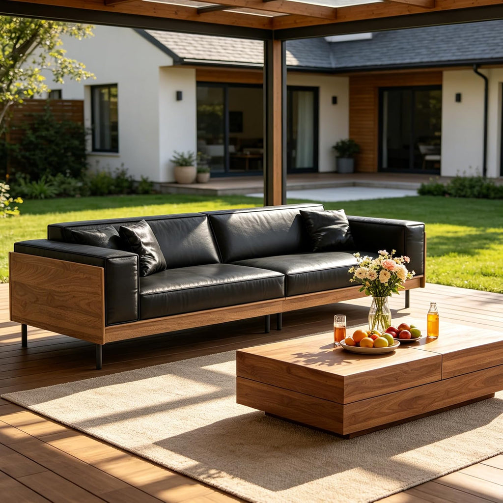 106.3" 4 Seater Patio Sofa, Minimalist Deep Seat Waxed Leather Couch with Weather Resistant Fabric, Outdoor Furniture for Pool Balcony Lounge Sunroom and Backyard, Black