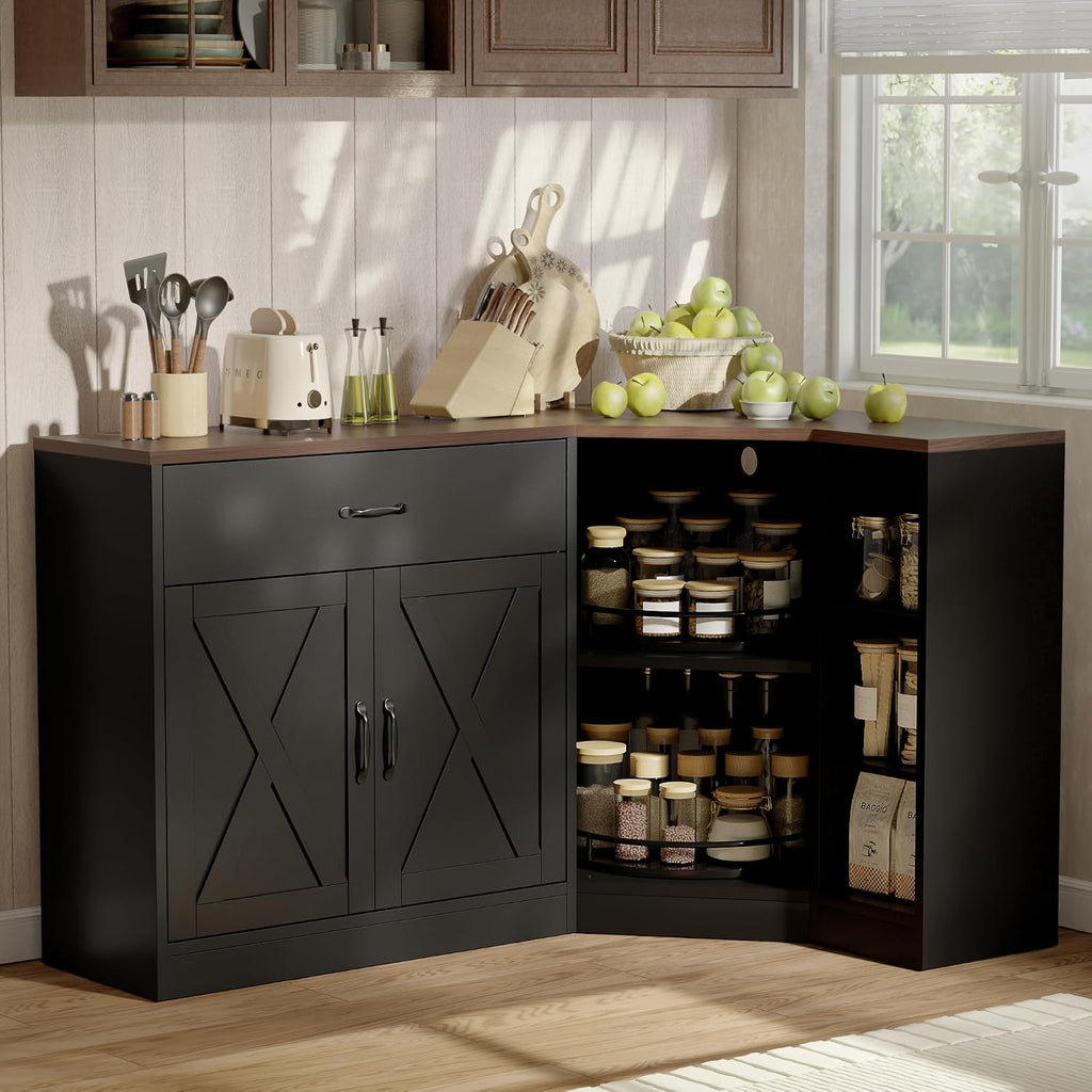 Corner Cabinet w/Charging Station, Kitchen Pantry w/Lazy Susan Turntable | Farmhouse Food Pantry Cabinet w/Drawer & Doors & Adjustable Shelf, L-Shaped Sideboard for Dining Room (Black)