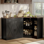 Corner Cabinet w/Charging Station, Kitchen Pantry w/Lazy Susan Turntable | Farmhouse Food Pantry Cabinet w/Drawer & Doors & Adjustable Shelf, L-Shaped Sideboard for Dining Room (Black)