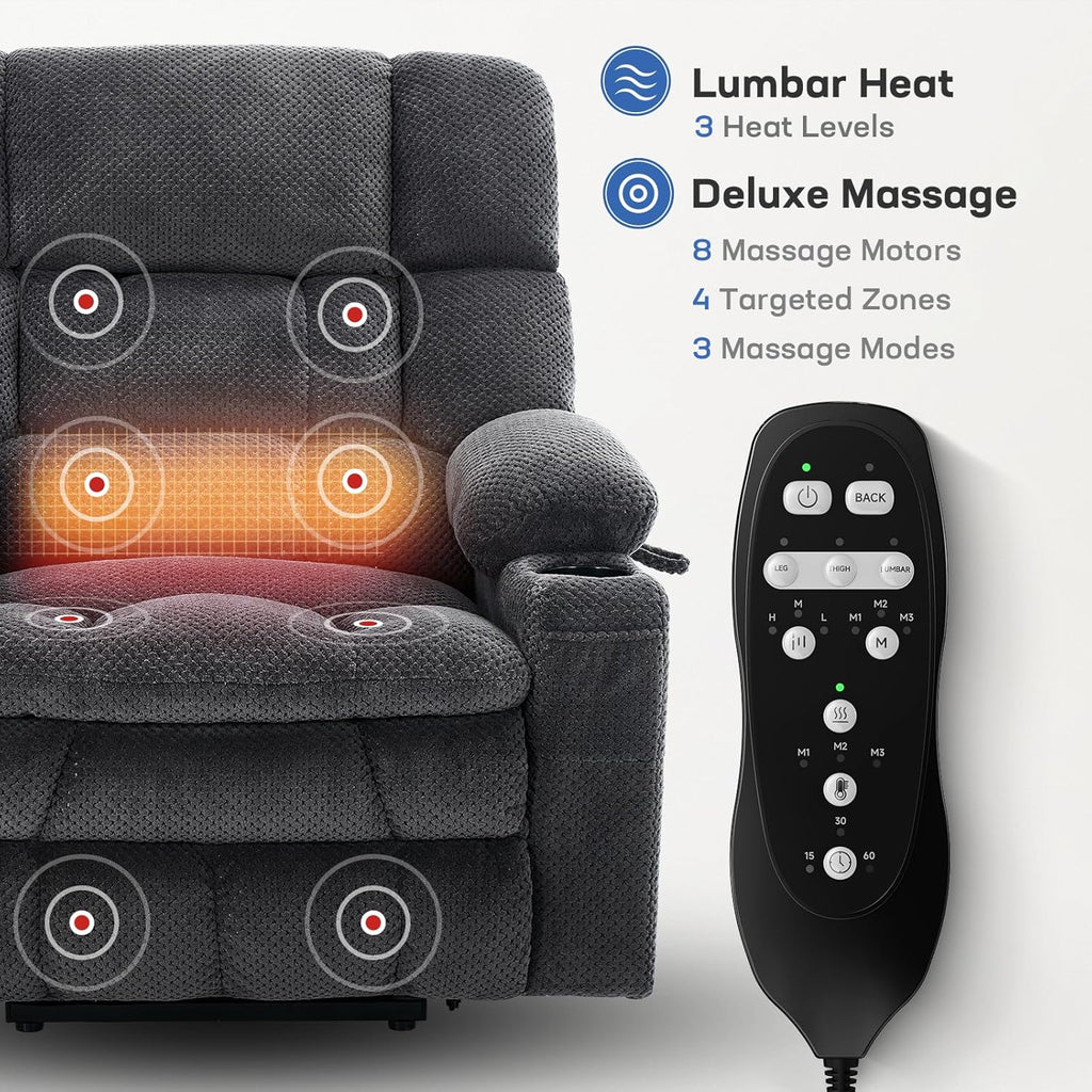 Tami Tami Dual Motor Power Lift Chair Recliner for Elderly with Massage and Heat, Infinite Position Electric Lift Recliner with Adjustable Headrest, USB (T6015 - Plush Fabric, Dark Gray, Medium)
