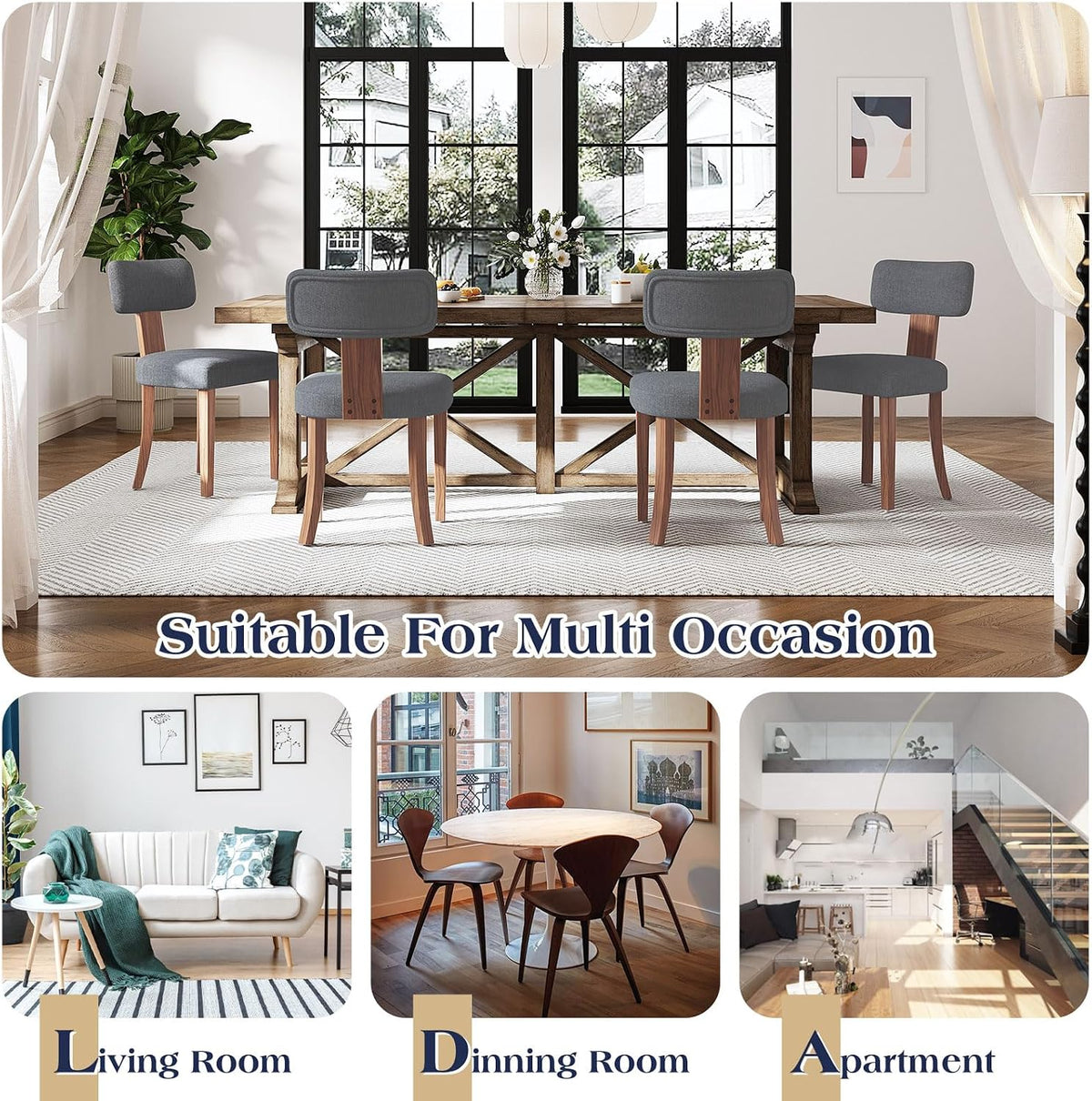 LUXOAK Mid Century Modern Dining Chairs Set of 2, Linen Upholstered Kitchen Chairs with Curved Backrest & Adjustable Legs for Living Room/Bedroom/Lounge, Easy to Install, Grey Linen