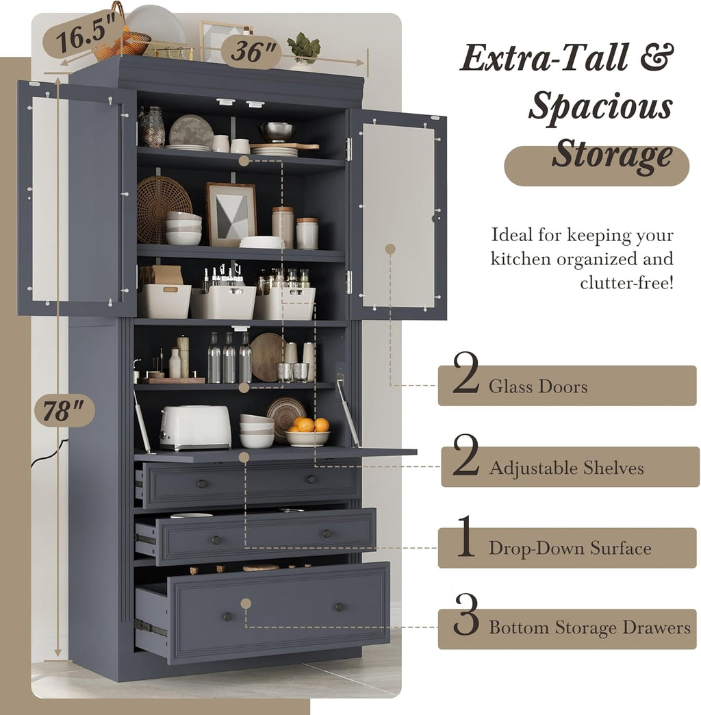 78" Tall Kitchen Pantry Cabinet, Freestanding Food Storage Pantry Cupboard with Power Outlet,3 Storage Compartments and Adjustable Shelves, Farmhouse Kitchen Hutch for Dining Room,Grey