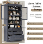 78" Tall Kitchen Pantry Cabinet, Freestanding Food Storage Pantry Cupboard with Power Outlet,3 Storage Compartments and Adjustable Shelves, Farmhouse Kitchen Hutch for Dining Room,Grey